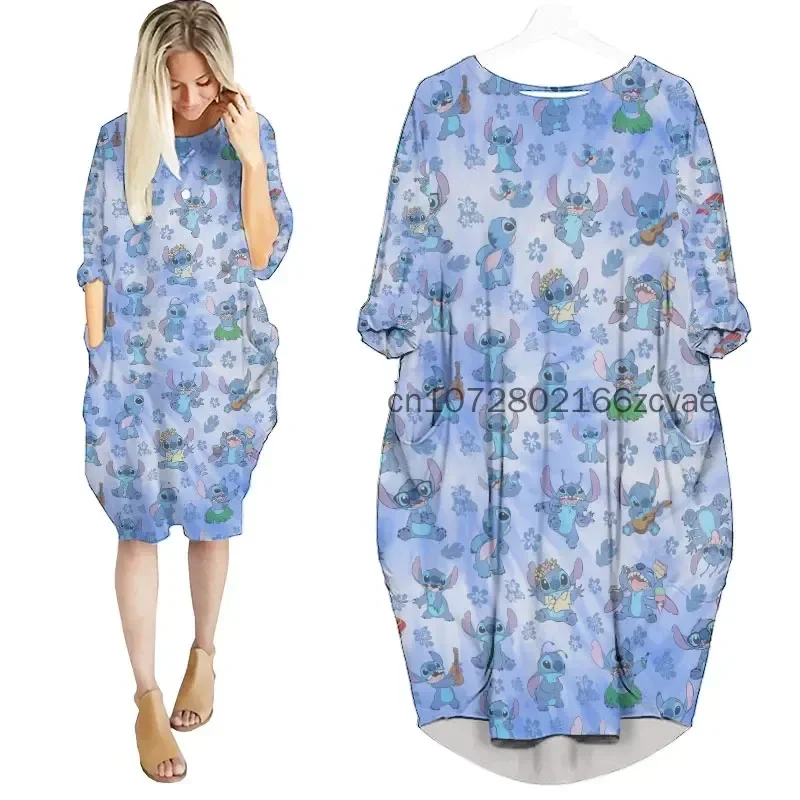 

2024 Disney Stitch Women's Batwing Pocket Dress Disney 3D Printed Oversize Fashion Street Dress Long Sleeved Nightgown