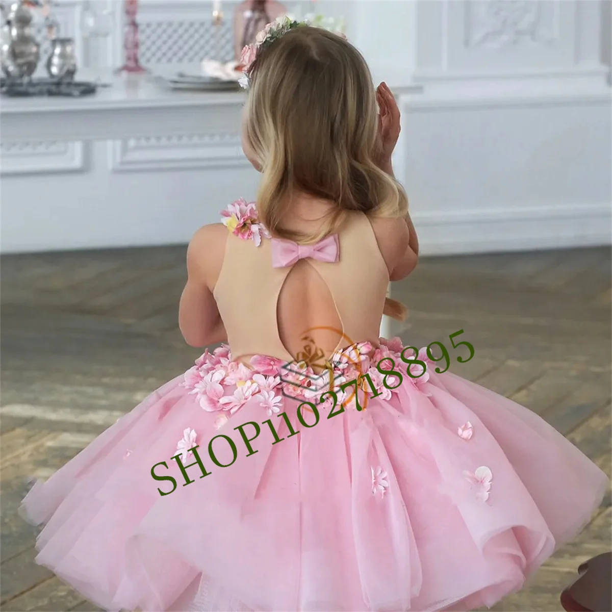 

Lovely Pink Flower Girl Dress For Wedding 3D Applique Sleeveless Tulle Fluffy Child's First Eucharistic Birthday Party Dress