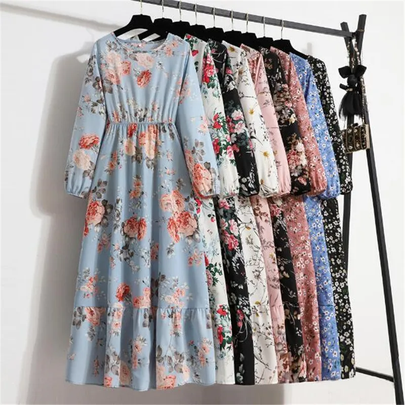 

Women Maxi Dresses Casual Full Sleeve Floral Printed O-neck Woman Bohe Beach Party Long Dress