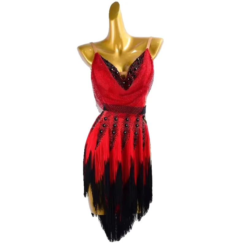 Novo Vestido de Dança Latina Luxuoso Diamantes Sexy Costas
