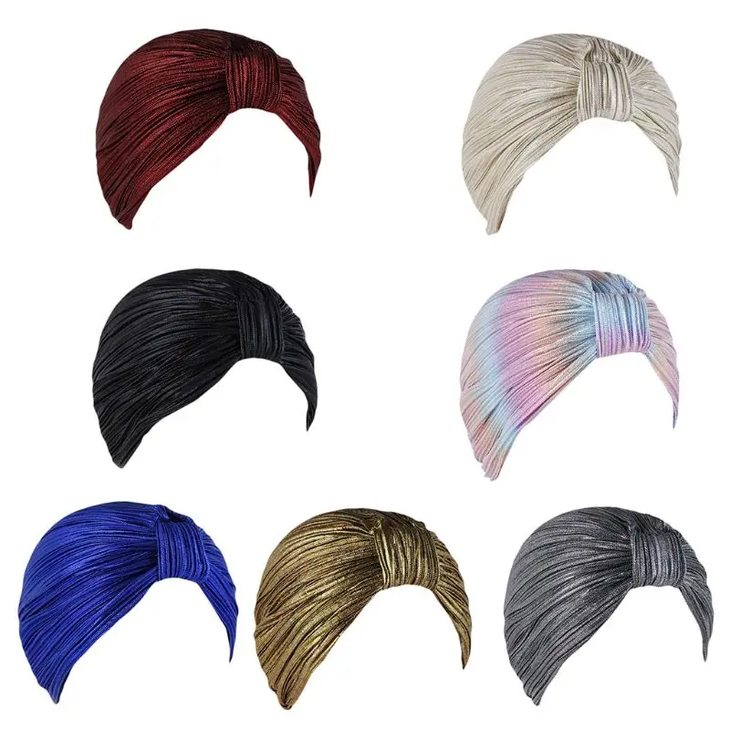 

Women Headscarf Muslim Hijab Turban Hair Cover Scarf Knotted Pleated for Head Wrap Shiny Metallic Bandana Beanie Hat