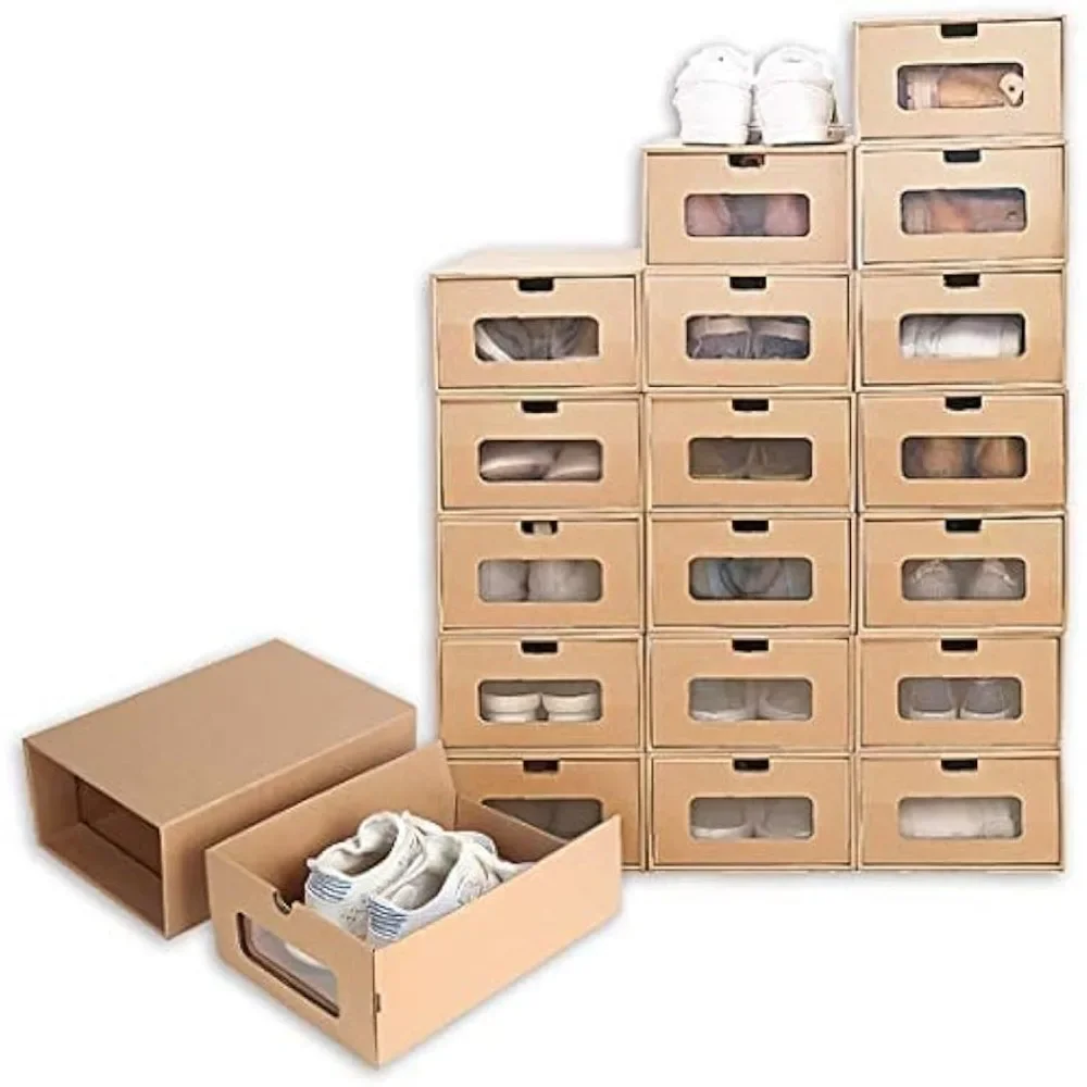 

Shoe Box (20PCS) with Transparent Window, Waterproof Stackable Cardboard Storage Boxes, Heavy Duty Kraft Drawer Box for