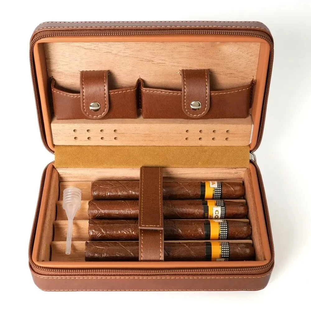 

Portable Cigar Box Humidor Cedar Wood Leather Cigar Case Light Outdoor Travel Cigar Storage Box For 4 Cigars Cigar Accessories