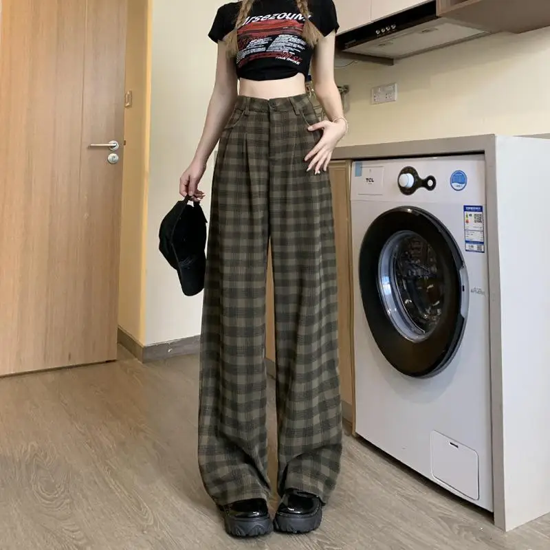 

Fashionable Korean casual women loose wide leg plaid pants 2024 autumn and spring new high waisted straight leg sweatpants