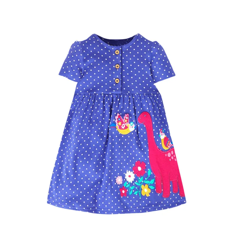 

Jumping Meters 2-7T Summer Girls Dresses Dinosaurs Embroidery Short Sleeve Dots Party Children's Clothes Toddler Frocks Costume