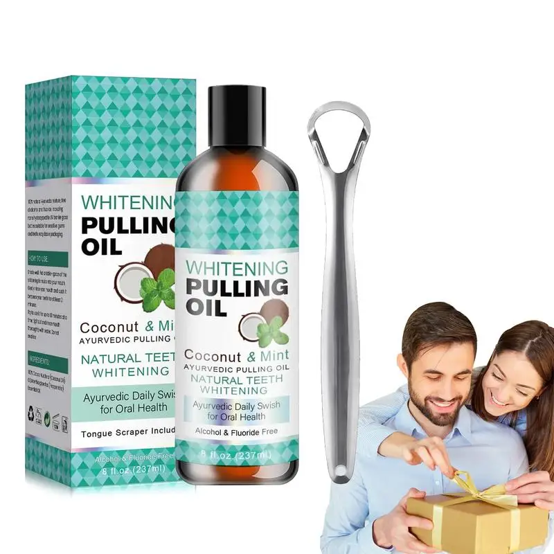 

Coconut Mint Pulling Oil Mouthwash Alcohol-free Teeth Whitening Fresh Oral Breath Tongue Scraper Set Mouth Health Care 237ml