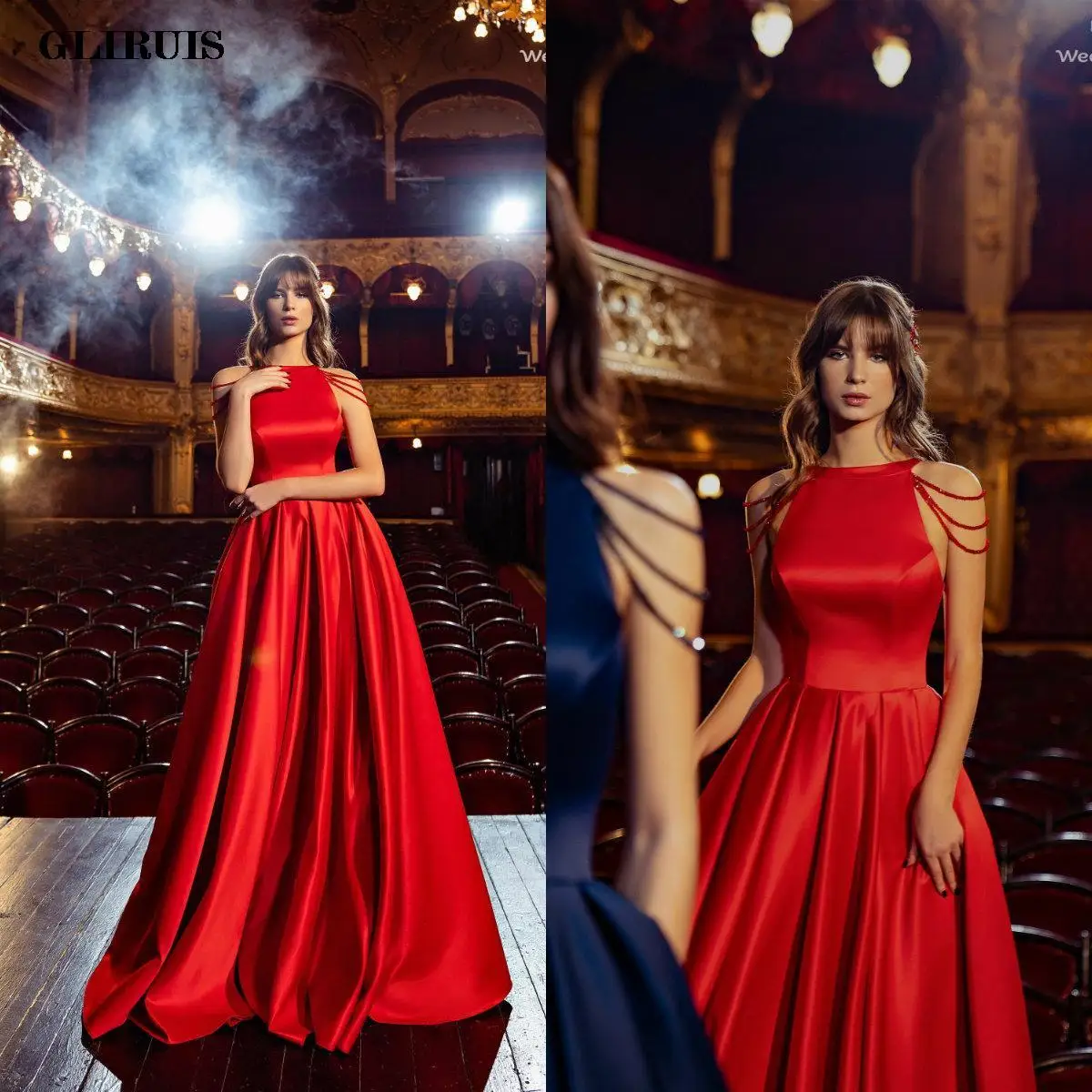 

Satin Red Evening Dresses Jewel Neck Beading Straps A Line Prom Dress Ruffles Floor Length Formal Party Gowns Robe De Soiree