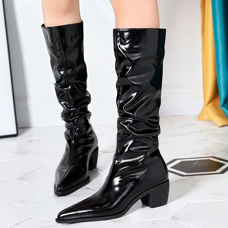 

BIGTREE Shoes Patent Leather Women Knee-High Boots Thick Heel Women Boots 2023 New Winter Boots Fashion High Boots Ladies Shoes