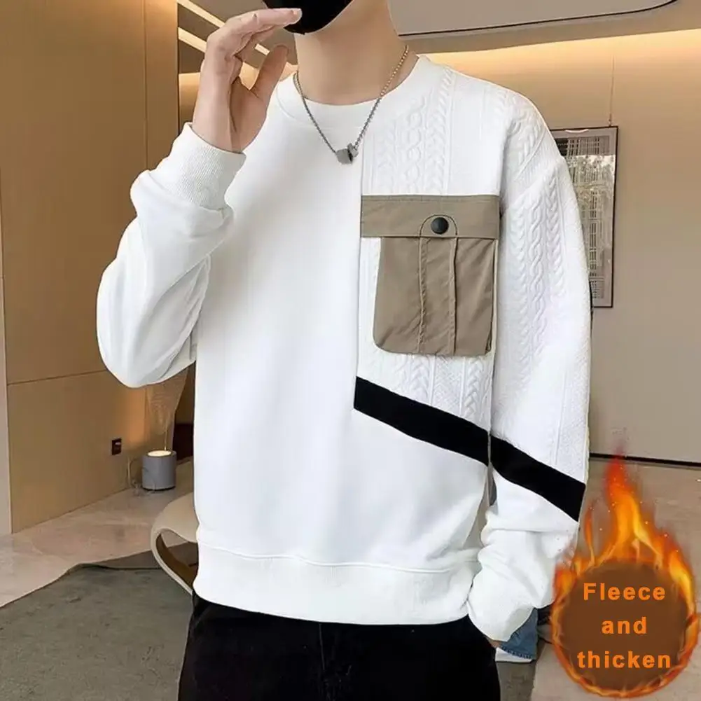 

Soft Sweatshirt Men's Round Neck Sweatshirt with Applique Pocket Solid Color Patchwork Design Soft Breathable Fabric for Fall