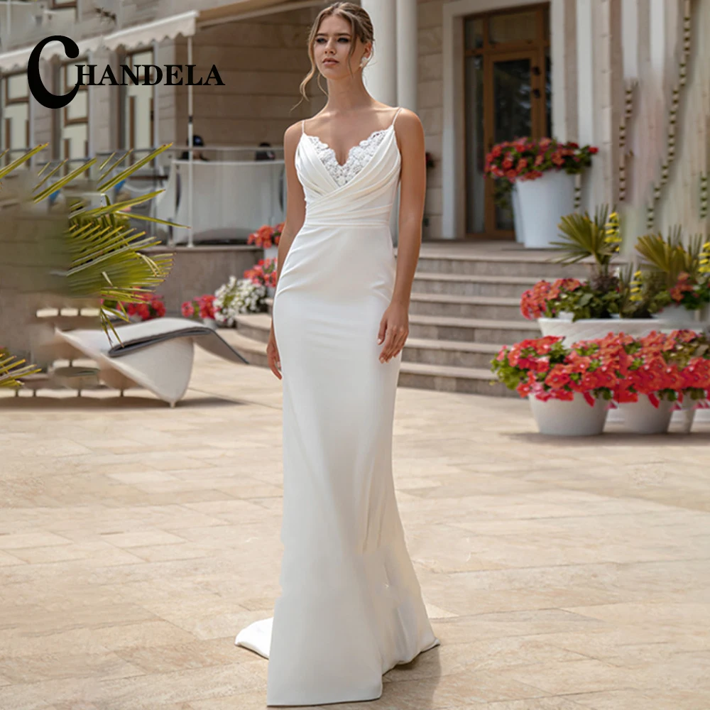 

CHANDELA Chic Satin Sweetheart Wedding Dresses 2023 Bride Trumpet Spaghetti Strap Appliques Backless Customised Robe De Mariée