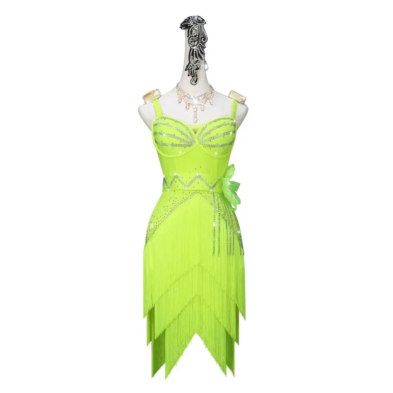 

Latin Dance Dress Latin Skirt Competition Costumes Performing Dress Sparkly Rhinestones Customize Children Fluorescent Green