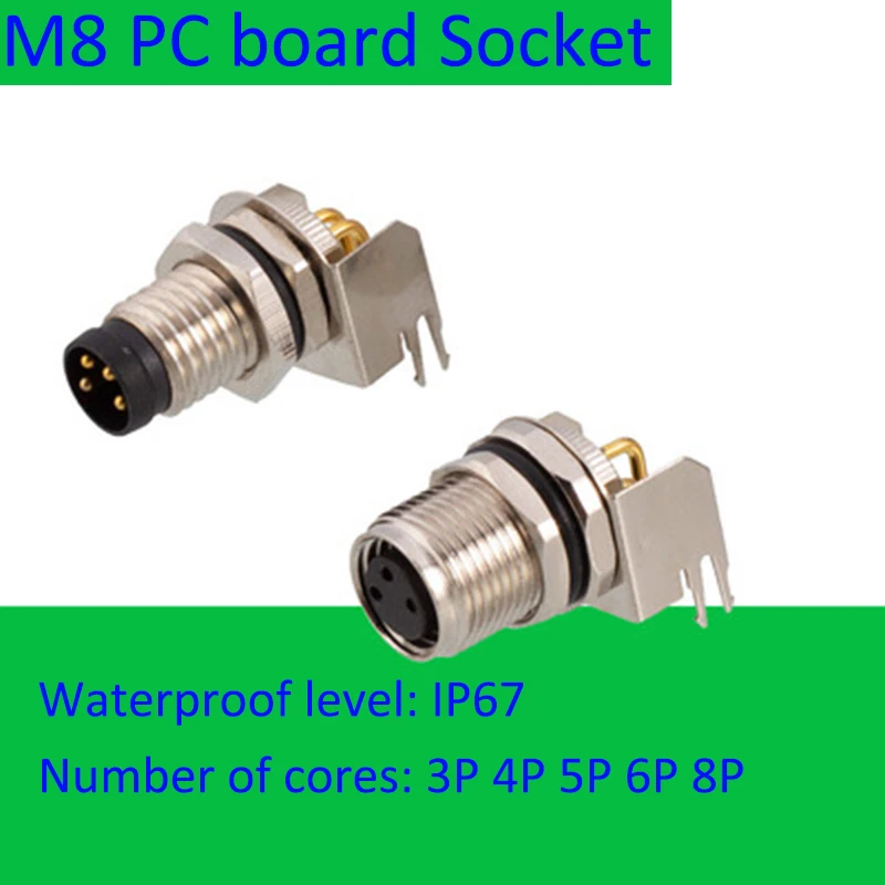 

M8 3P 4P 5P 6P 8Pin Waterproof IP67 Male Female Fixed Socket Front Rear Panel PC Board Lnstall Straight Curved Needle Connector