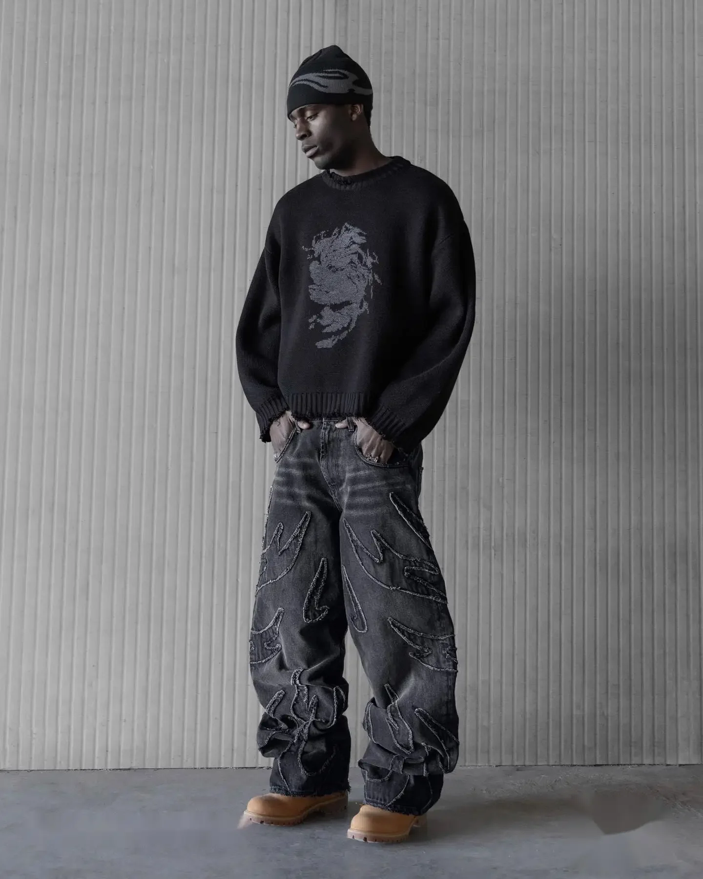 

Hip Hop Y2k Retro Black Baggy Jeans for Men Punk Raw Edge Embroidery Jeans Vintage Pattern Patchwork High Waisted Denim Pants