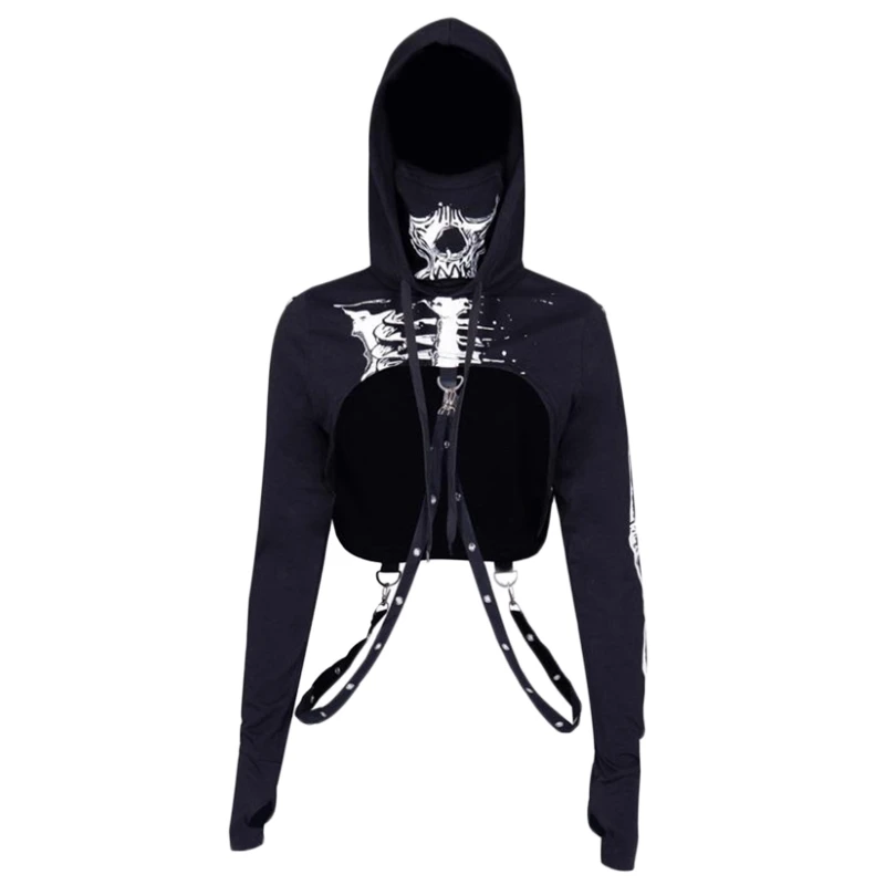 

Women Goth Punk Hoodie Crop Top Harajuku Skull Skeleton Mask Turtleneck Cutout Long Sleeve Sweatshirt with for Cross Dropship