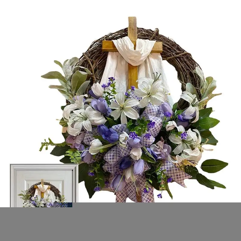 

Easter Wreath Door Hanging Decoration with Cross Bouquet Tulip Rustic Wreath Spring Ornaments Simulation Plant Flower Decoration