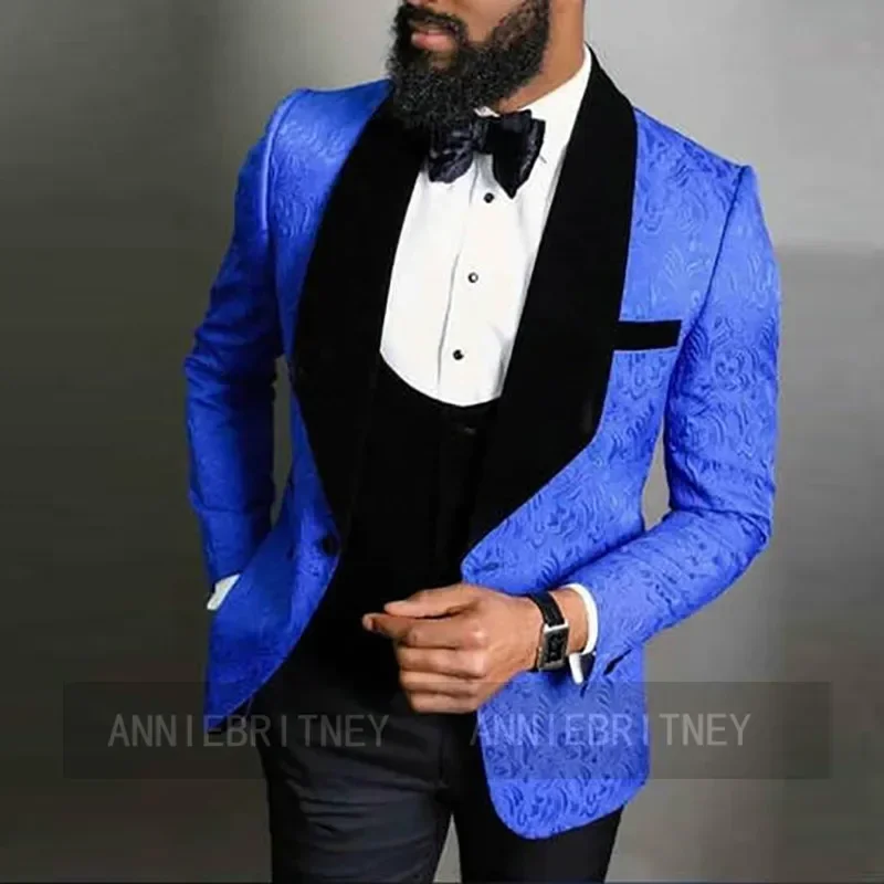 

Blue Jacquard Jacket Black Pants Elegant Men Suit Formal Wedding Slim Fit Blazers Groom Tuxedo High Quality Custom 3 Piece Set