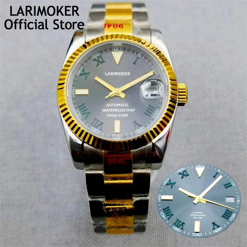 

LARIMOKER 36mm 39mm Fluted Bezel NH35A Automatic Men Watch Two Tone Green Roman Numbers Grey Dial Jubilee Bracelet Sapphire Glas