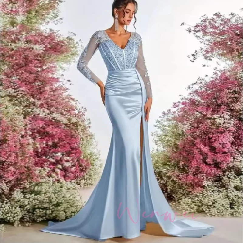 Customized Blue Party Dresses Sequins Flowers Embroidery Side Slit Long Sleeves Prom Dress Long Sleeves robes de soirée 1 Sc0b13b71657c47198505e8e217602512q