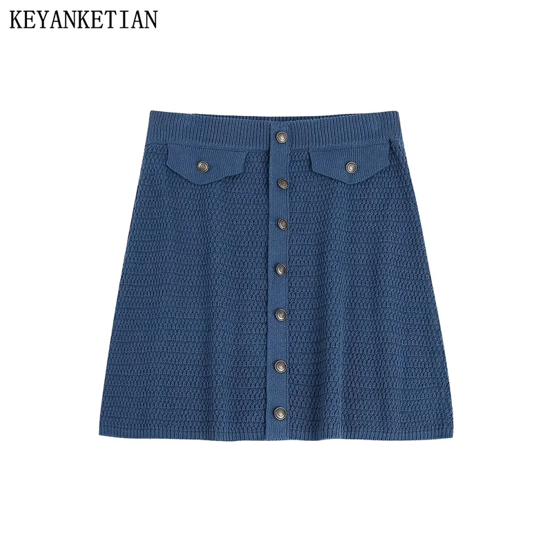 KEYANKETIAN Autumn New Button-Decorated Elastic High-Waist Knitted Skirt Navy Stylish Holiday Wind Women A-Word Mini Skirt
KEYANKETIAN Autumn New Button-Decorated Elastic High-Waist Knitted Skirt Navy Stylish Holiday Wind Women A-Word Mini Skirt