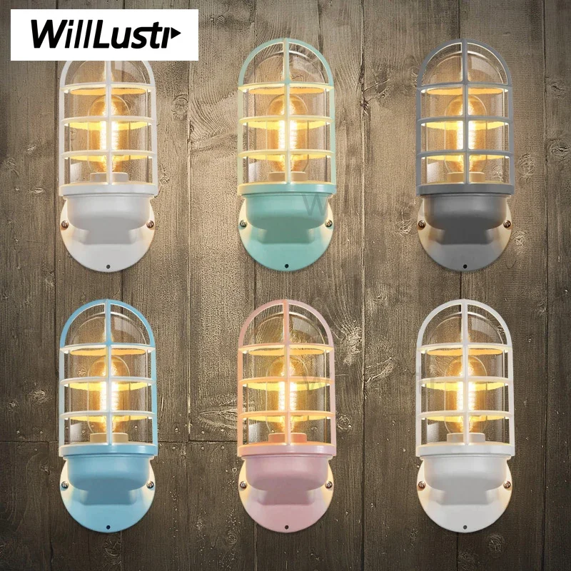 

Willlustr Iron Colorful Wall Lamp industrial clear glass shade Wall sconce lighting vintage bulb light doorway foyer porch loft