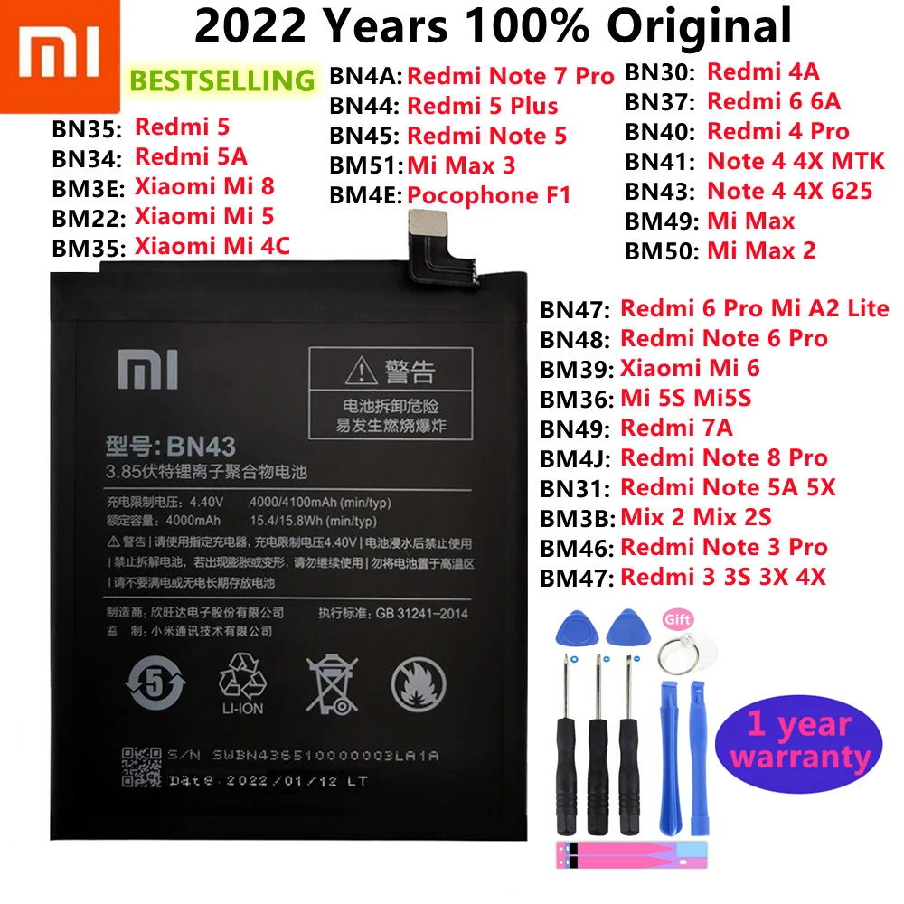 Оригинальный сменный аккумулятор для Xiaomi Mi Redmi Note Mix Max 2 3 3S 3X 4 4X 4A 4C 5 5A 5S 5X M5 6 6A 7 7A 8 Pro