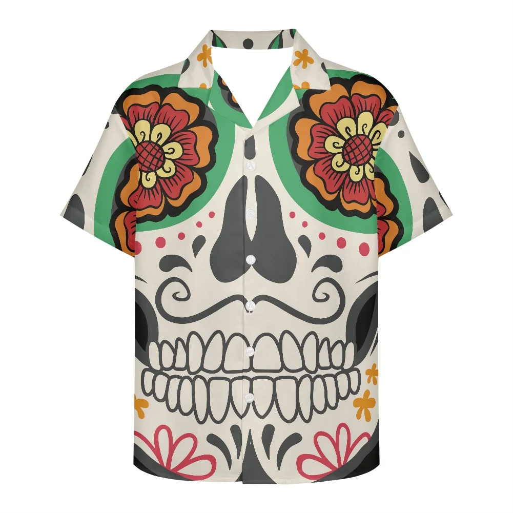 

New Arrivals Fashion Leisure Hawaii Shirt Men Breathable V Neck Short Sleeve Shirt Skeleton flowers Printing Summer Beach Blous