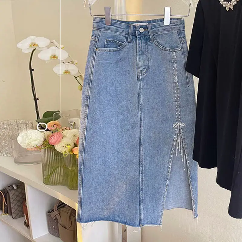 

2024 New Stylish Dingzhu Split Denim Skirt for Women's Spring Summer High Waisted Slim A-line Jeans Skirts Slit Wrap Skirt