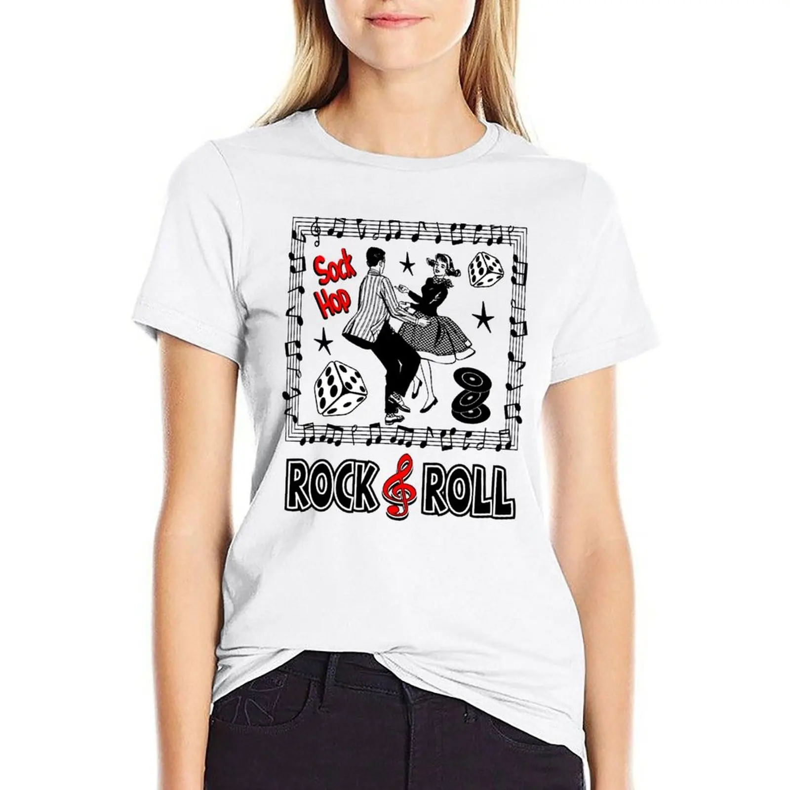 

Rock and Roll Music Vintage 50s Sock Hop Dance Party Rockabilly Style Doo Wop T-shirt tops female Woman T-shirts