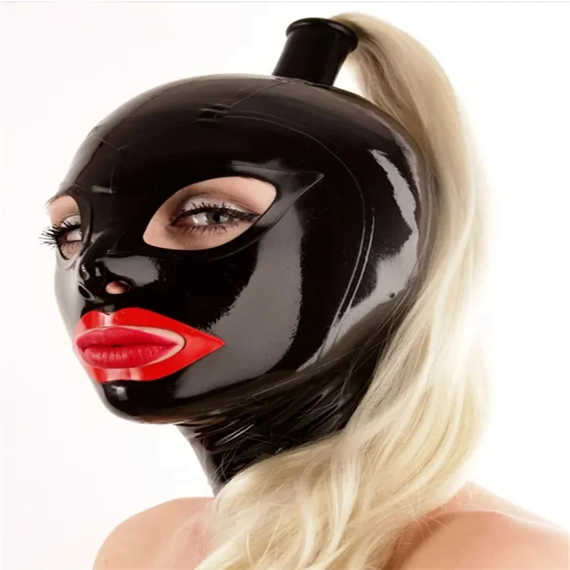 

Hot Latex Hood with Blond Pigtail Back Zipper Fetish Rubber Mask Black with Red with Hair Women Cosplay Halloween costume