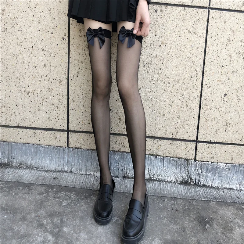 

Bow Stockings Women's Thin Overknee Socks Jk Cute Sexy Black Silk All-Match Stockings Thigh High Socks