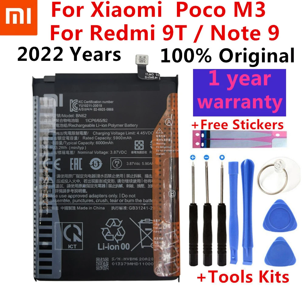 100% Оригинальный аккумулятор Xiao Mi 6000 мАч BN62 для Xiaomi Pocophone Poco M3 Note 9 Redmi 9T батареи и