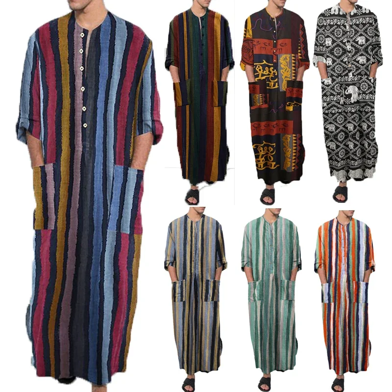 

2024 Striped Printed Men's Muslim Long Sleeve Cotton Robes Summer Male Islamic Arabian Kaftan Suit Middle East Dubai Abaya Retro