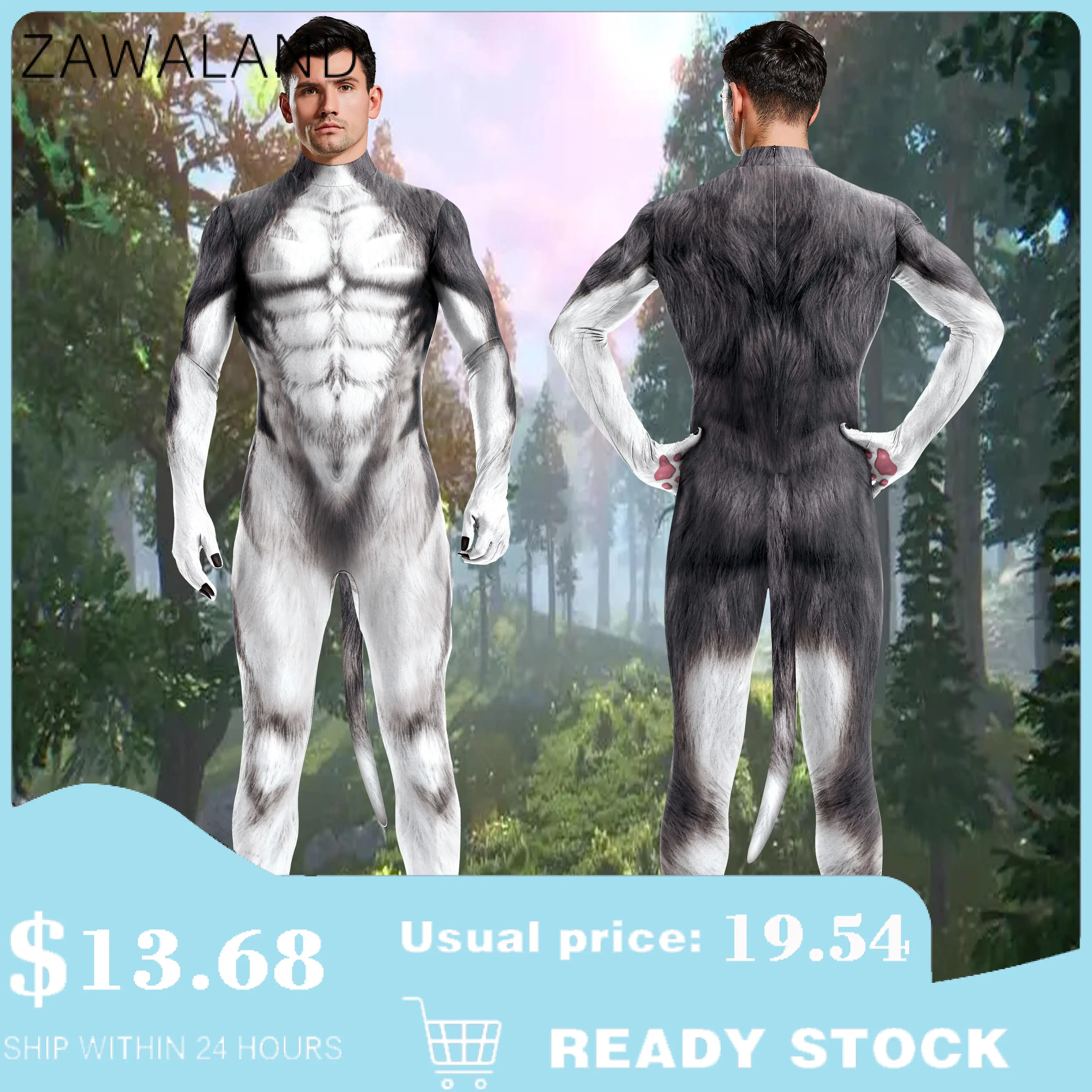 

Zawaland Wolf Bodysuits Unisex Elastic Sexy Catsuit with Tail Halloween Party Jumpsuits Cosplay Costume Open Crotch Zipper