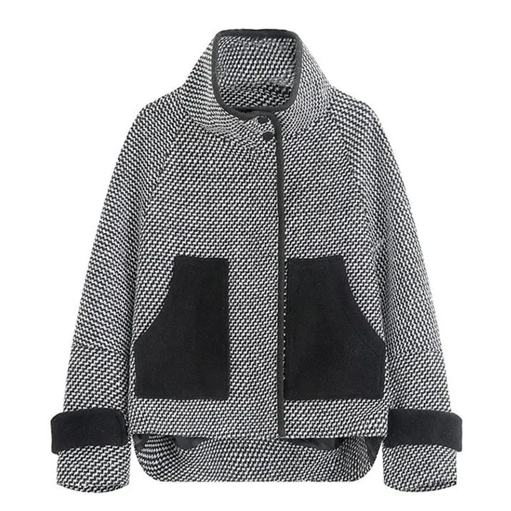 

Houndstooth Short Woolen Coat Women 2024 Spring Autumn Jackets Pocket Outerwear Loose Winter Black White Wool Jacket Tops Female