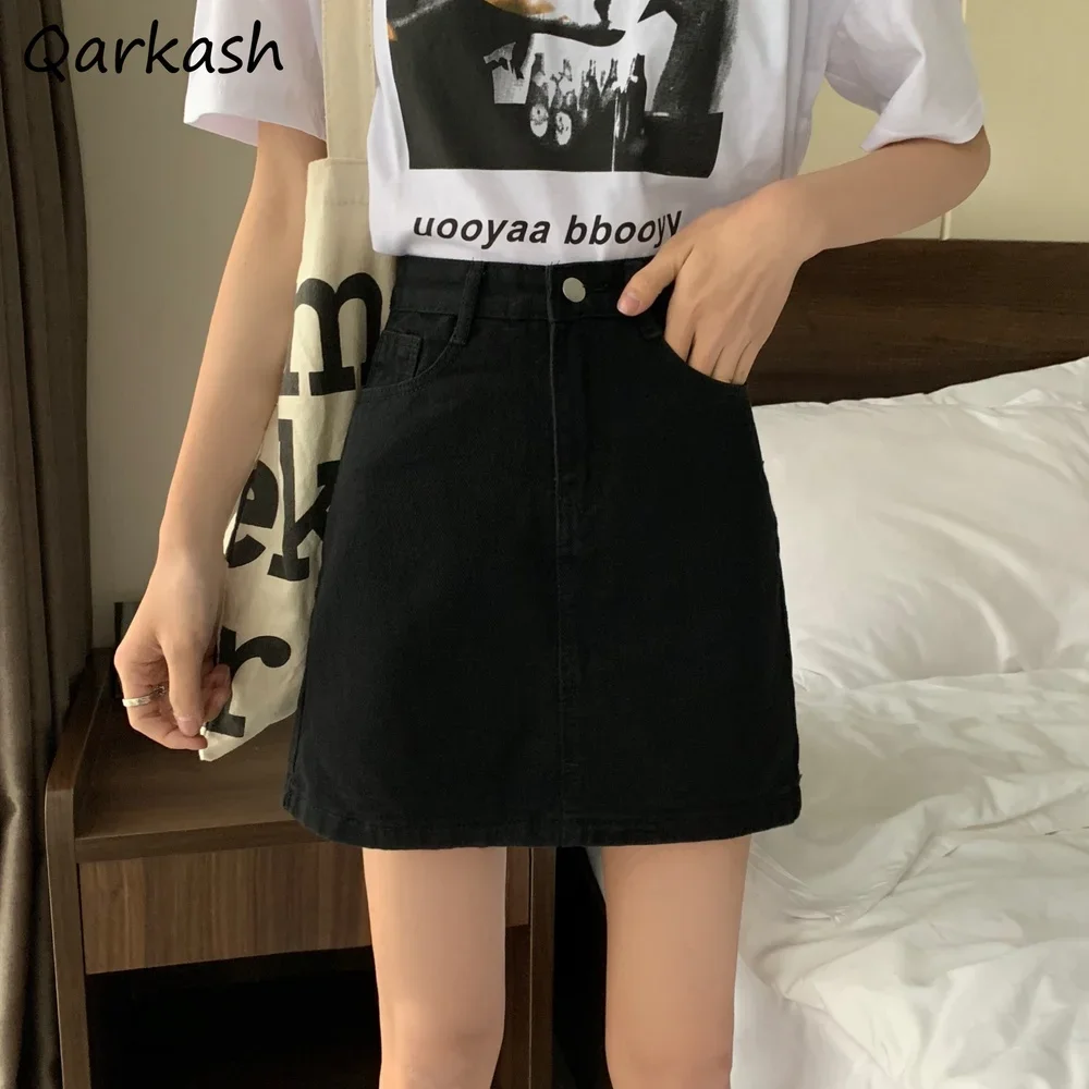 

Denim Skirts Women Summer Vintage Solid Empire Korean Style College Street Leisure All-match Basic Pockets Mujer Minimalist Ins