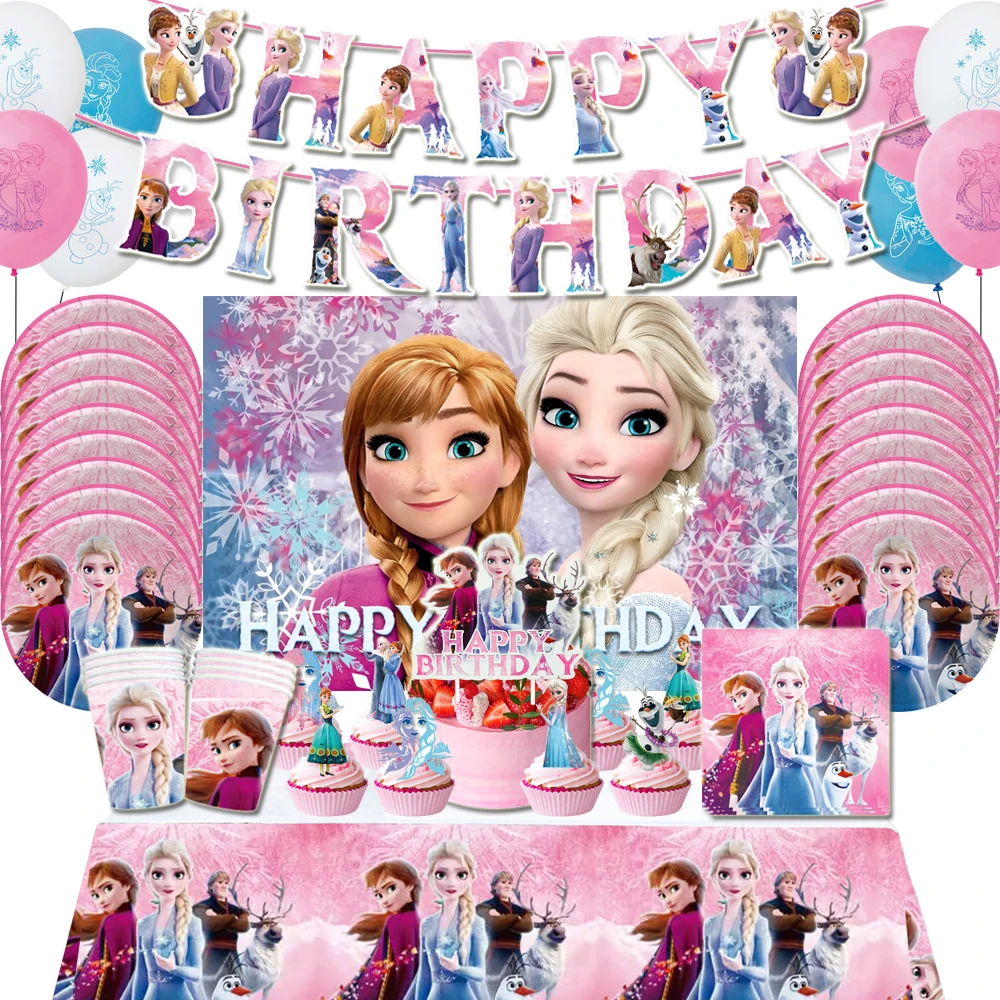 

Disney Pink Frozen Queen Girl Birthday Party Decoration Elsa&Anna Balloon Tablecloth Plates Cups Baby Shower Party Supplies