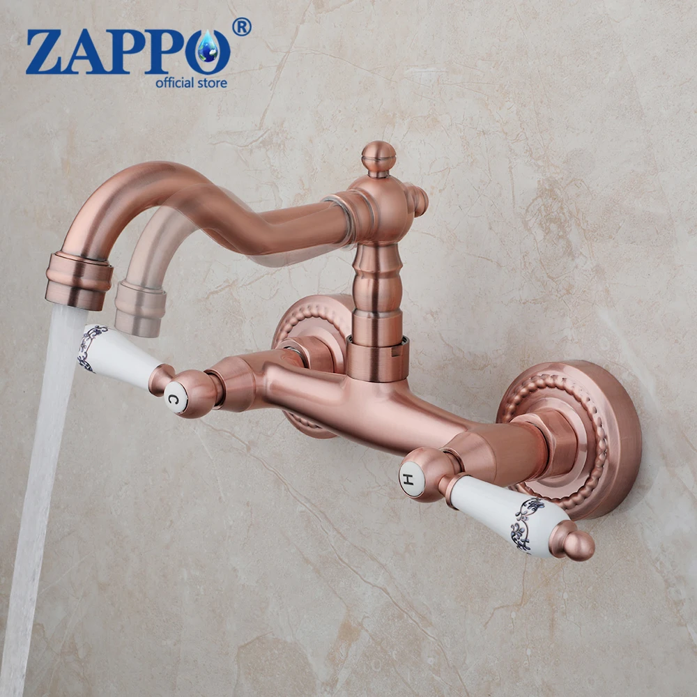 

ZAPPO Antique Copper Red Brass Faucet Wall Mounted Two Handles Faucets Bathroom Sink Faucet Mixer Bathtub Tap 360 Swivel Spout