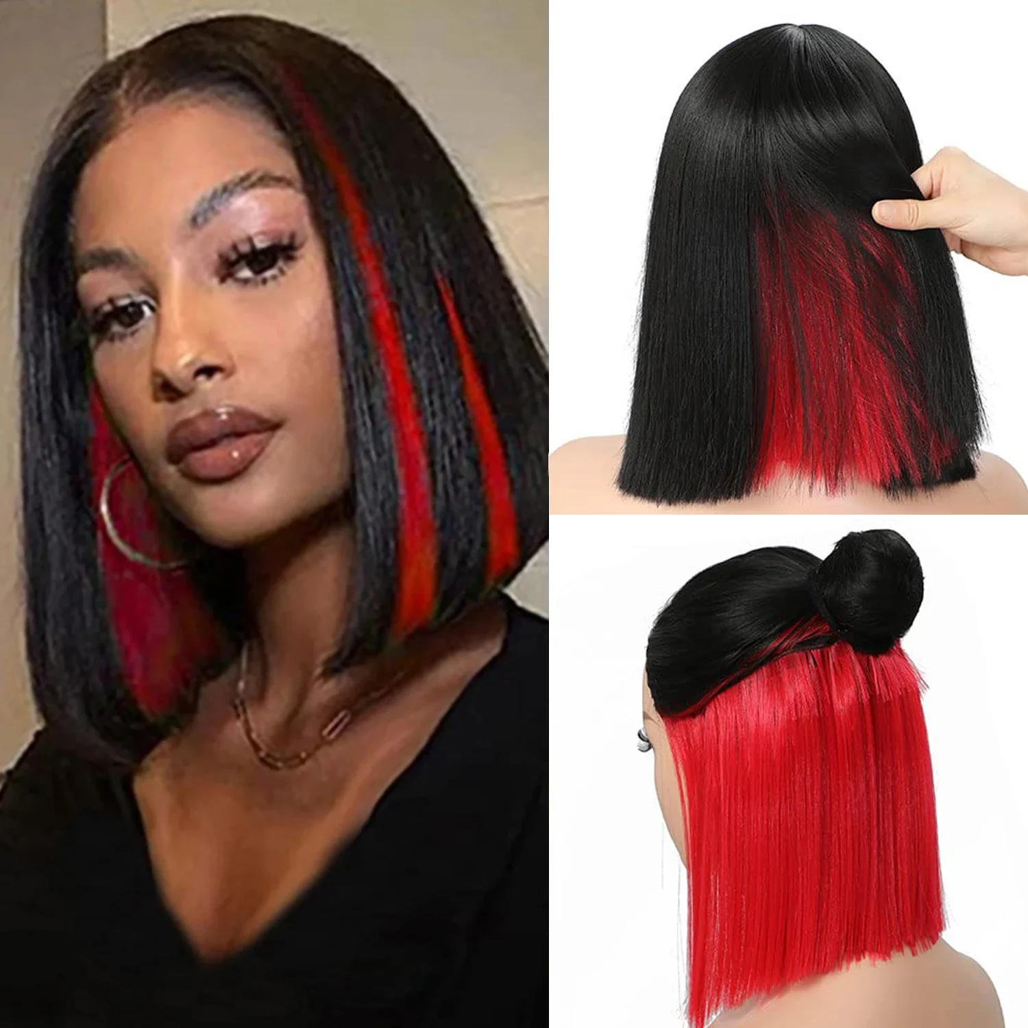 

Bob Wigs for Women Red Peekaboo Wig Synthetic Hair Straight Bob Wig Shoulder Length Black with Red Highlights Wig Blunt Cut Bob