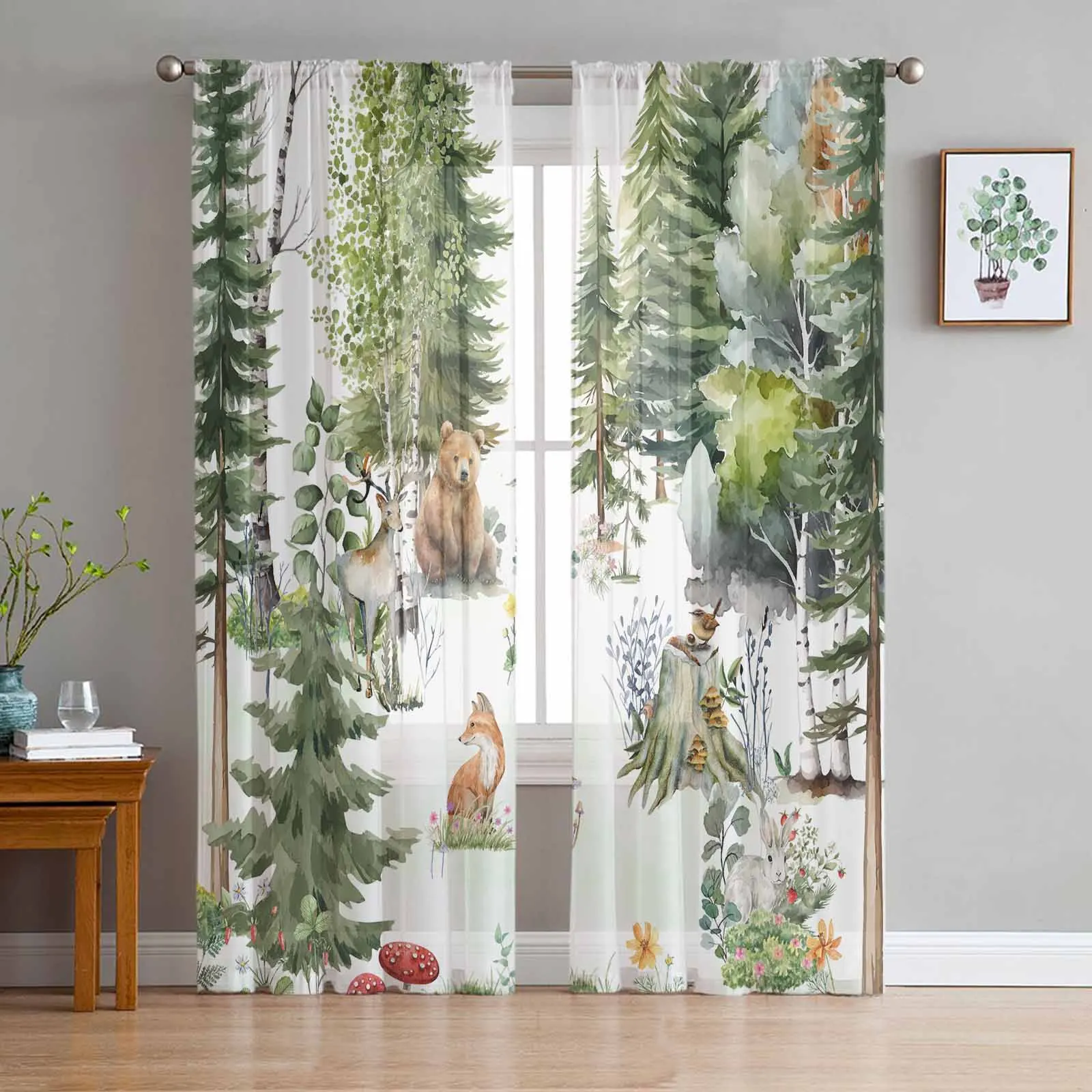 

Animals Bears Deer Foxes Rabbits Trees Nature Voile Sheer Curtains Living Room Window Tulle Curtain Bedroom Drapes Home Decor