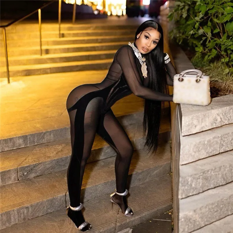 Black Mesh Patchwork See Through Jumpsuits Sexy One Piece Long Sleeve Skinny Women Rompers Party Clubwear Clothing
Black Mesh Patchwork See Through Jumpsuits Sexy One Piece Long Sleeve Skinny Women Rompers Party Clubwear Clothing