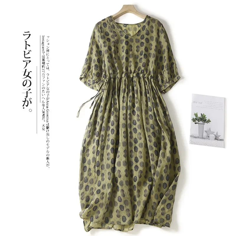 

Vintage Elegant Women Dress New Summer Dark Green Polka Dot Linen Cotton Short Sleeve A-Line Elastic Waist Mid-Calf Dresses Robe