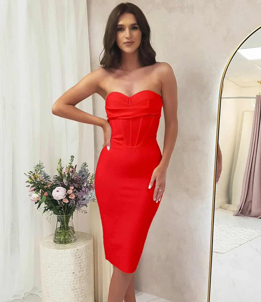 

WillBeNice 2024 New Fashion Spring Red Bandage Midi Dress Women Bustier Sexy Party Wedding Vestidos Lady Quality Birthday Dress