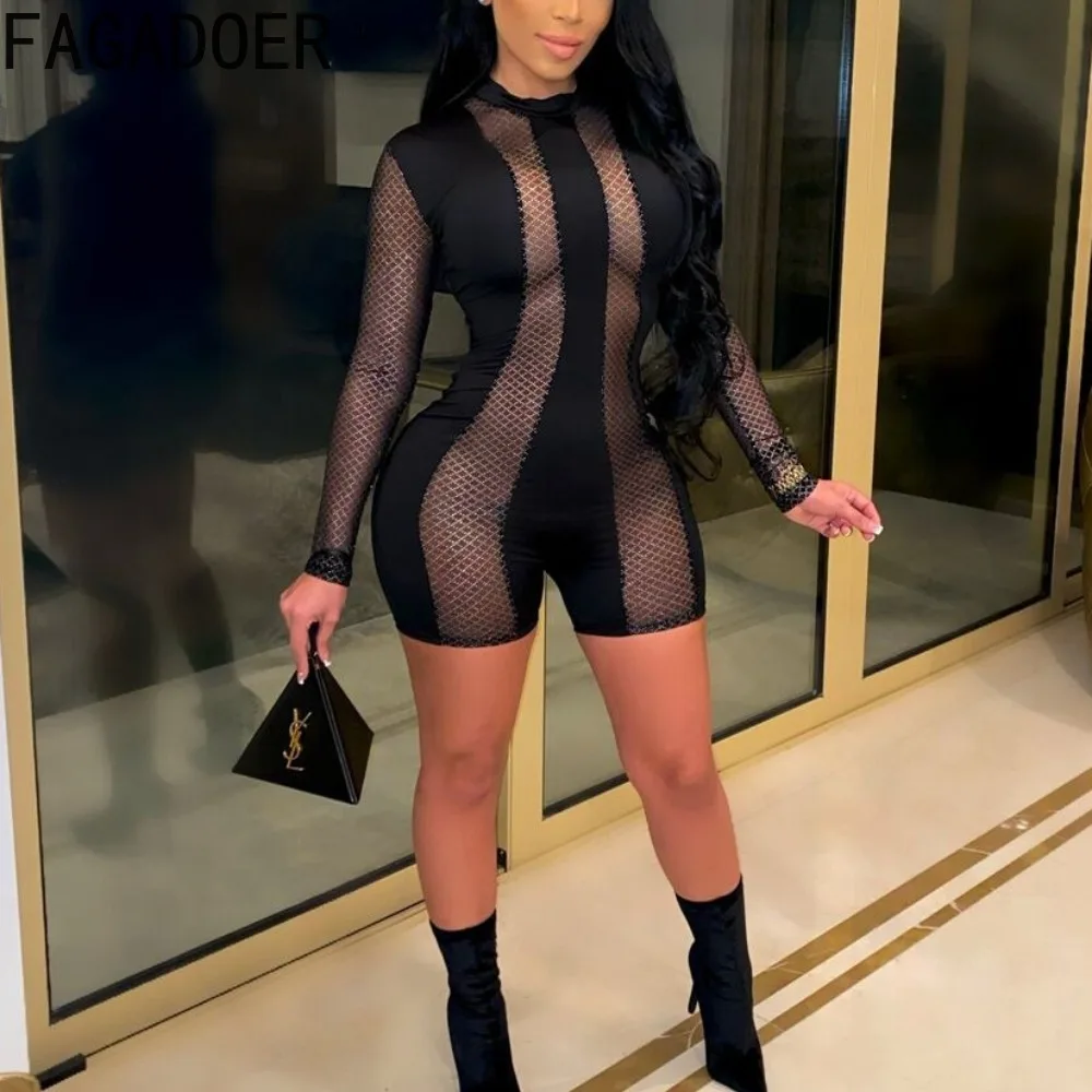 

FAGADOER Black Sexy Mesh Splicing Perspective Bodycon Rompers Women Round Neck Long Sleeve Nightclub Jumpsuits Fashion Overalls