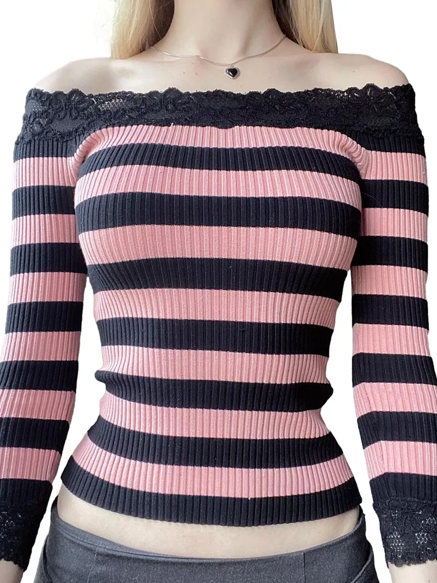 

Женский полосатый топ с открытыми плечами Y2K, винтажный трикотажный пуловер в рубчик с длинным рукавом и кружевной отделкой, уличная одежда