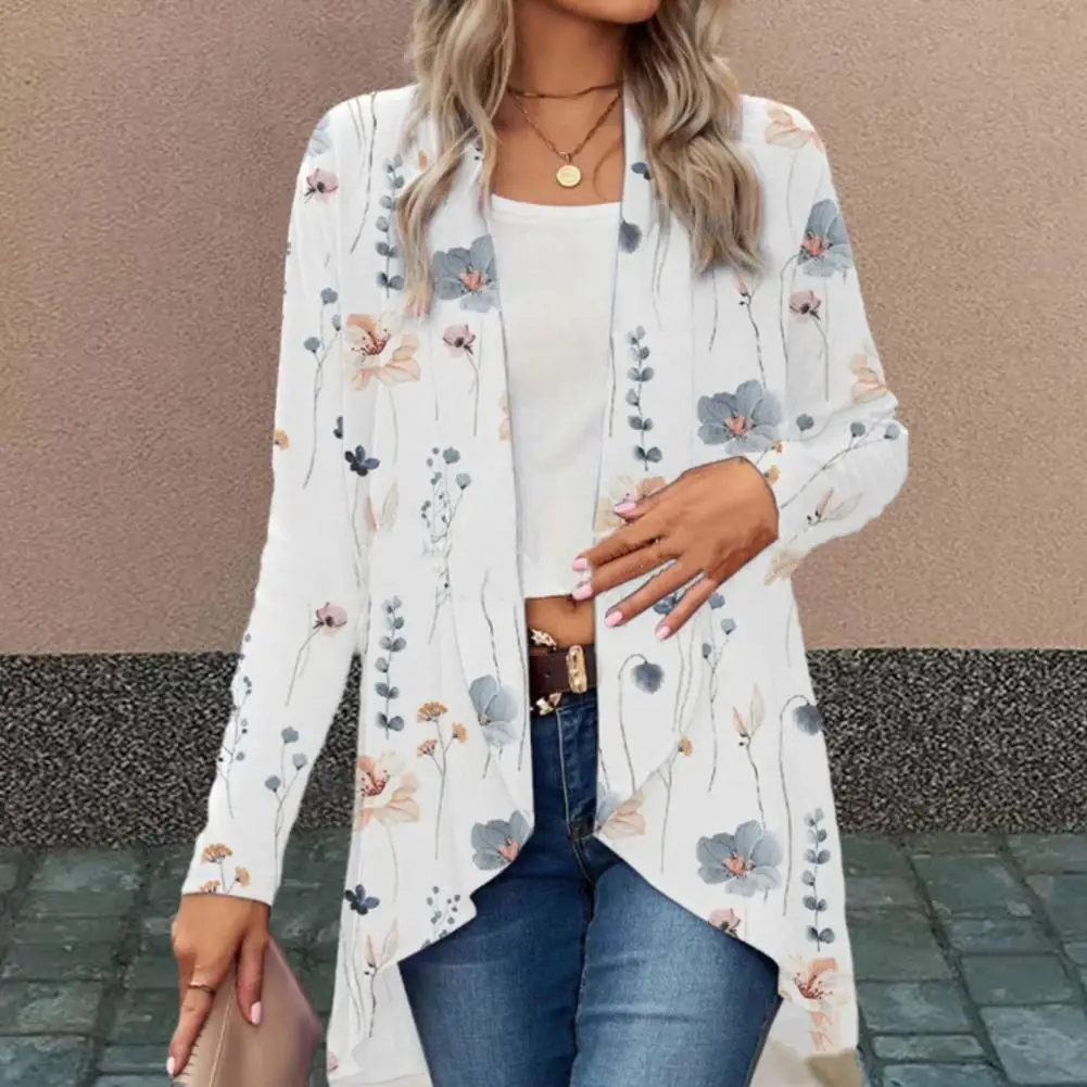 

Cardigan Coat Floral Print Women's Collarless Cardigan Stylish Mid-length Outerwear with Irregular Hem Open Front for Spring