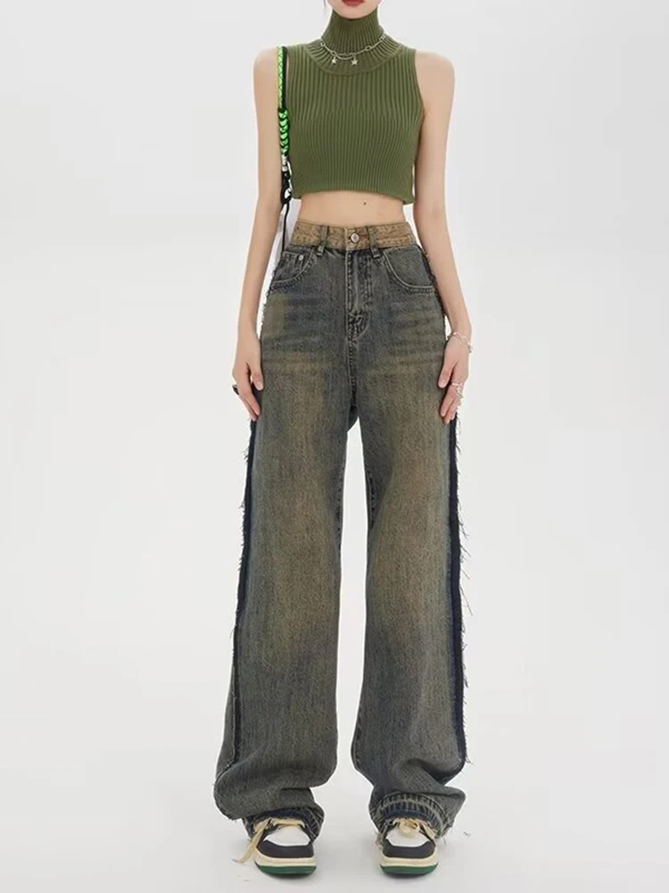 

Женские брюки-карго в европейском и американском стиле, хлопковые джинсы с завышенной талией, свободная уличная одежда из денима Y2k