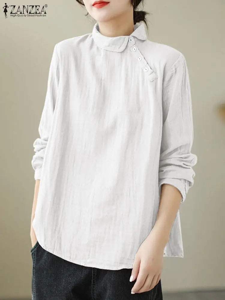 

2024 ZANZEA Женская винтажная рубашка с отложным воротником и длинным рукавом, Повседневная Свободная блузка, Весенняя туника, топы, модные рабочие блузы, женская рубашка