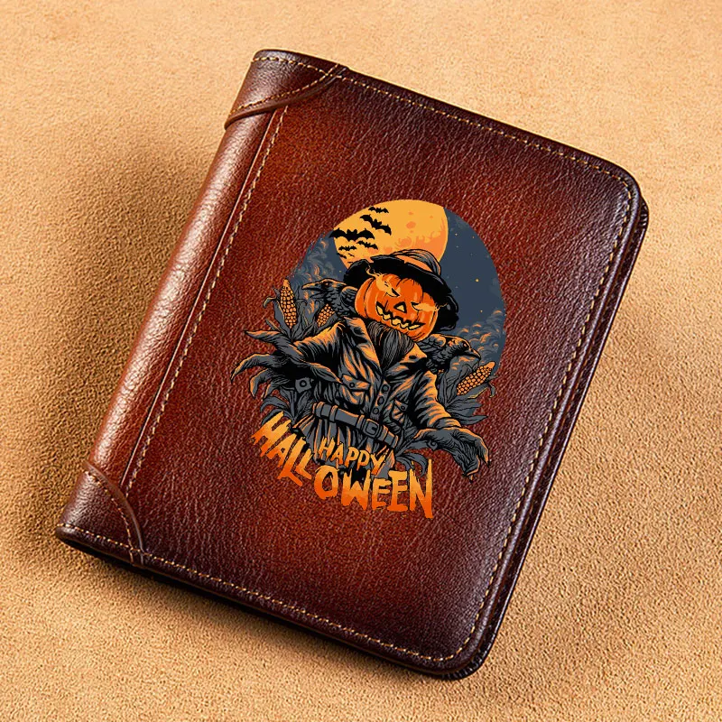 

High Quality Genuine Leather Men Wallets Halloween Pumpkin Ghost Printing Short Card Holder Purse Billfold Men's Wallet