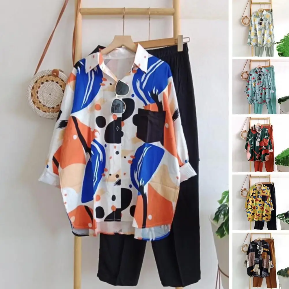

Harajuku Vintage Womens Two Piece Sets 2023 Spring Printed Tops Pullover and Solid Pant Suits Summer Casual Loose Street Outfits