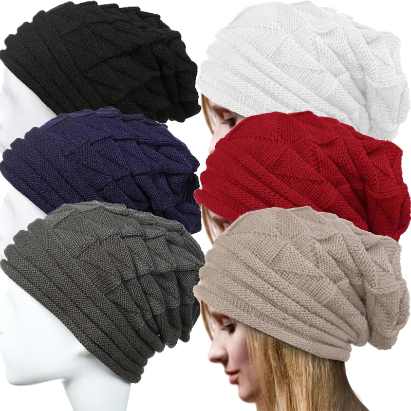 

Women Knitted Caps Autumn Winter Ponytail Beanie Hat Solid Color Oversized Ski Slouchy Cap Wool Warm Hats Unisex Beanies Turban